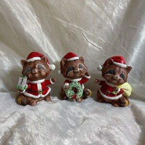 Vintage Set of 3 HOMCO #5611 Christmas Santa Racoon Porcelain Figurines